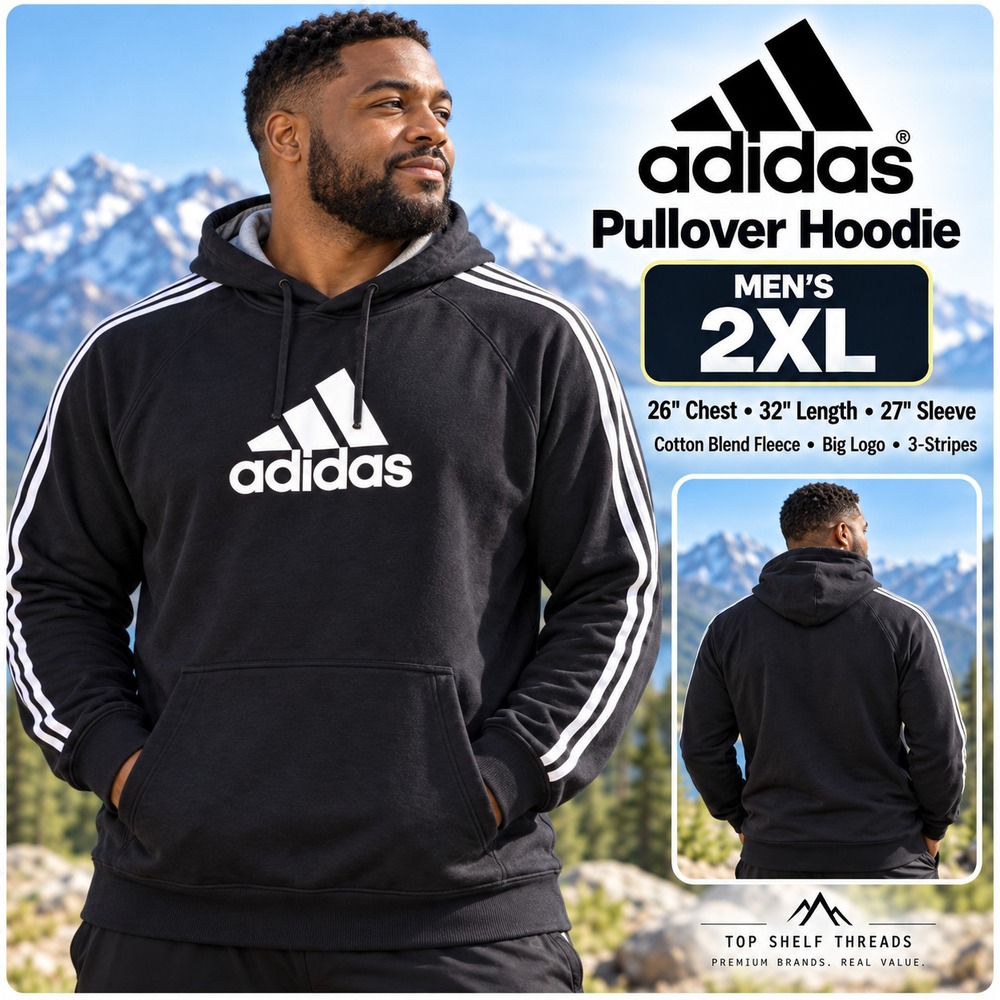 Adidas Men 2XL Black Big Logo 3 Stripes Fleece Pullover Hoodie Kangaroo Pocket